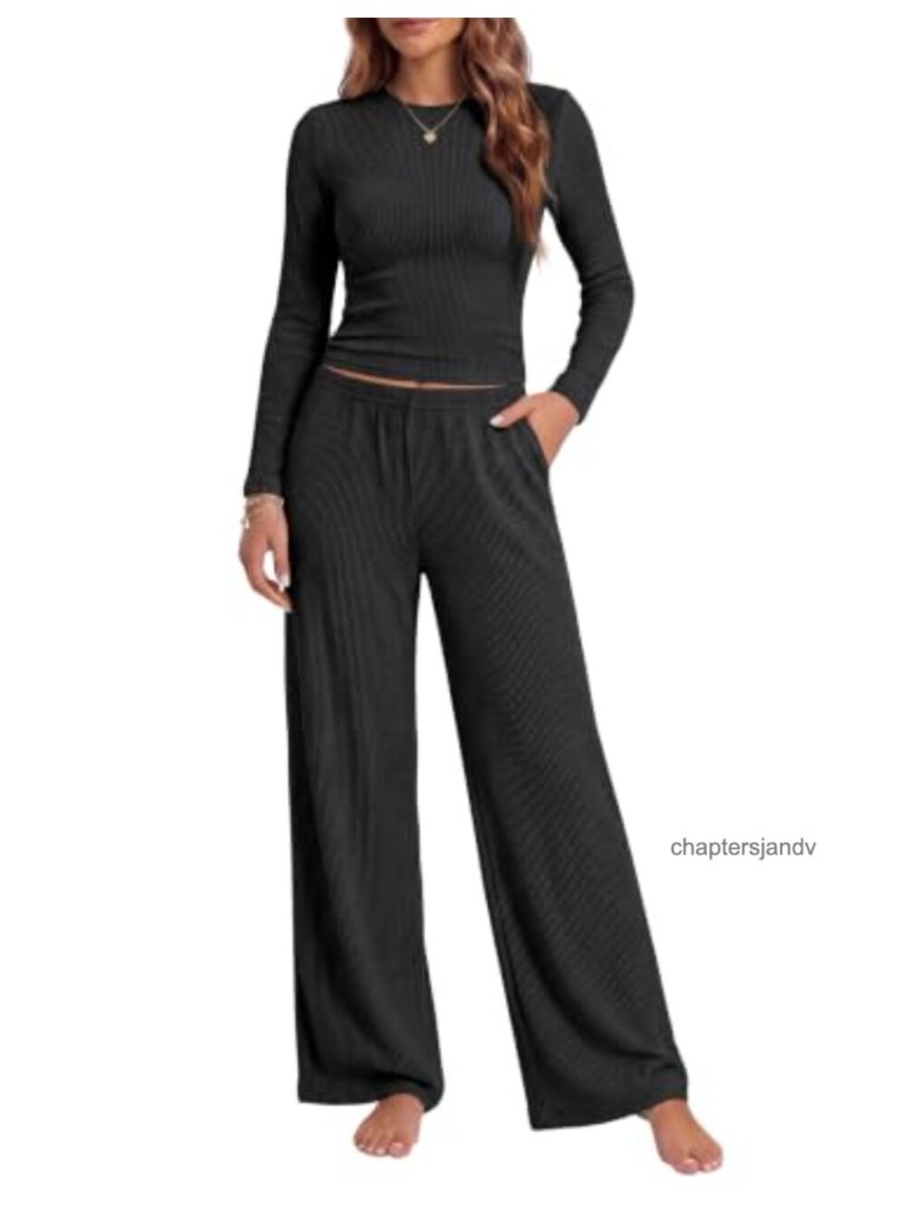 Ekouaer Women's 2-Piece Long Sleeve Fleece Ribbed Knit Pajama Set